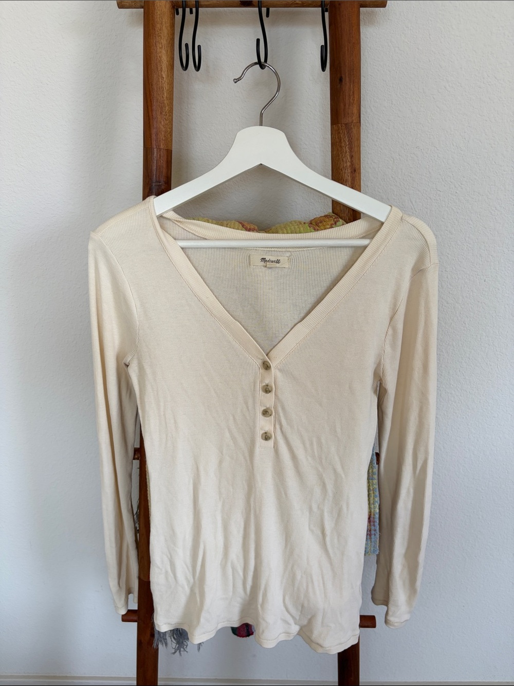 Brandy Melville Cream Long Sleeve Henley Ribbed Top